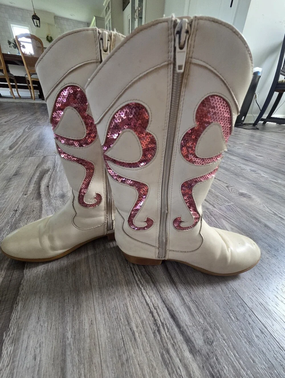 Girls Size 4 White Pink Sequin Western Cowboy Boots Y2K